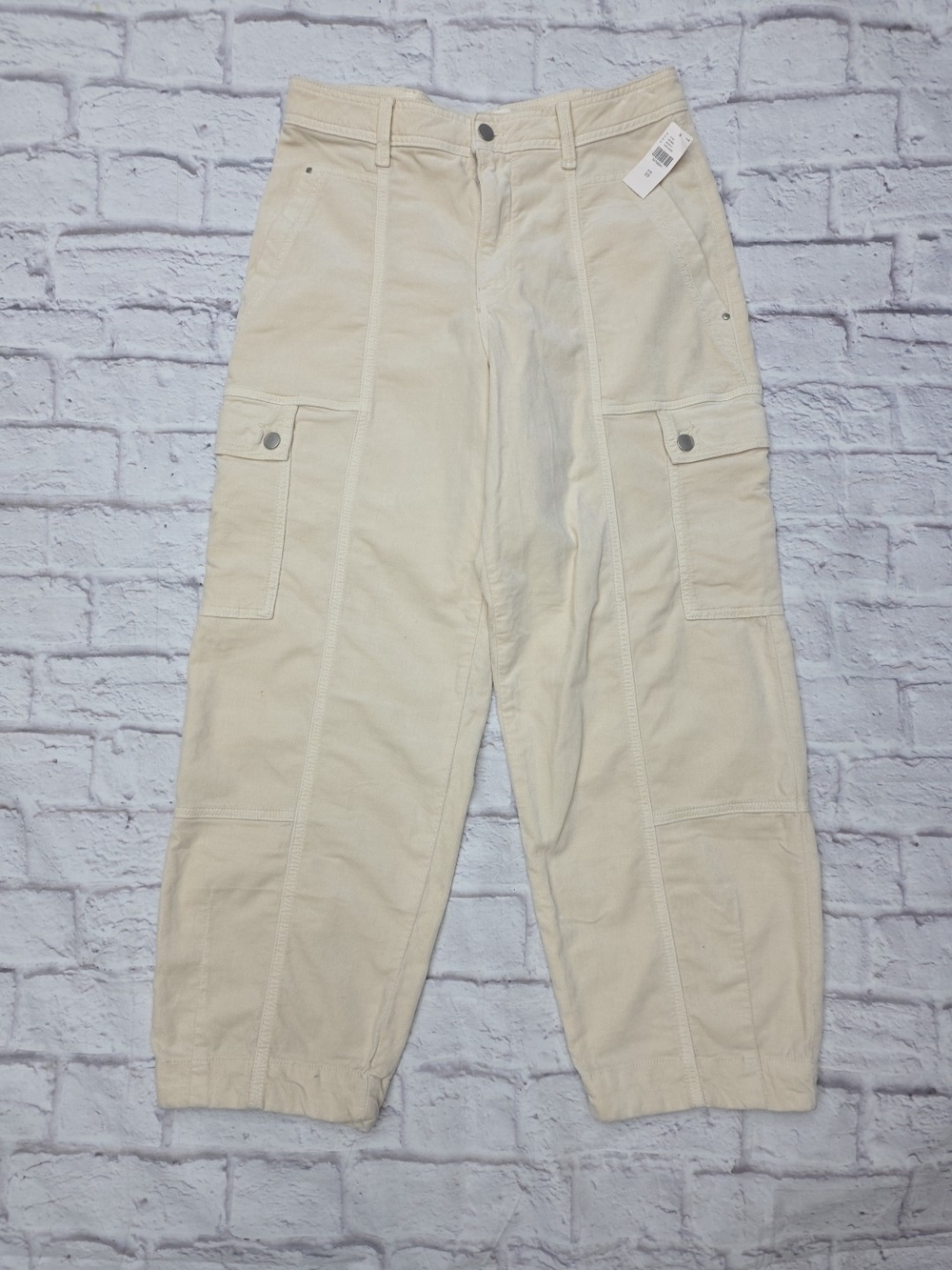 Anthropologie Barrel Leg Pant Sz 10(32x27) Ivory Velour Corduroy High Rise Cargo